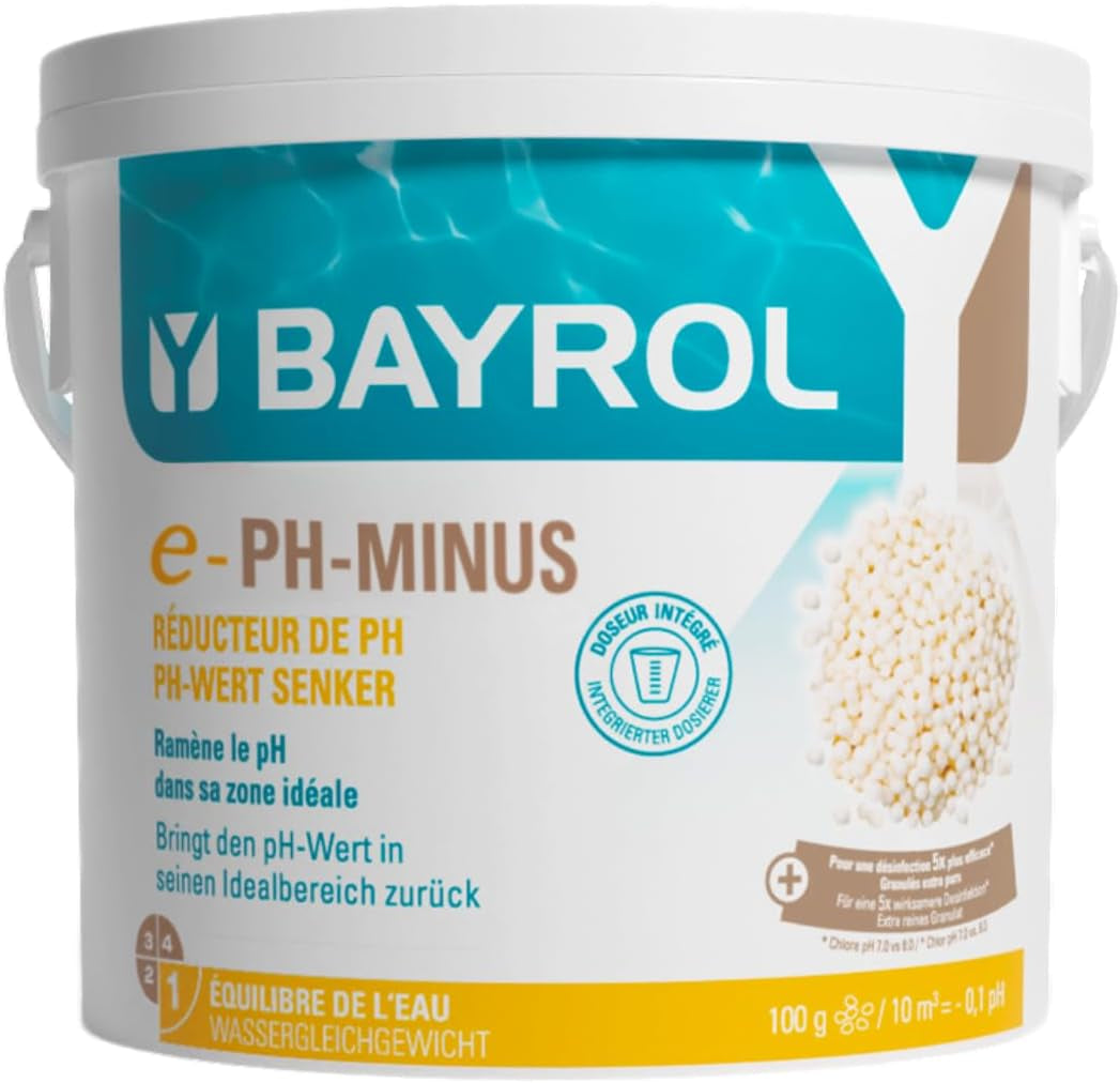 BAYROL e-pH-Minus granulat 6 kg - reducerer hurtigt og effektivt for høje pH-niveauer i pools - nem dosering direkte i vandet - inkluderer doseringsbæger - pH-reducer - pH-justering til pools