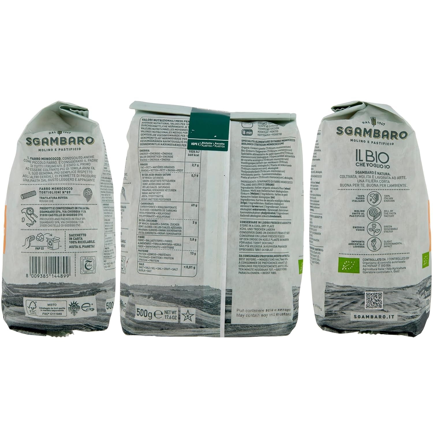 Økologisk Tortiglioni Pasta nr. 89 - 500g Fedtfattig hvedepasta – Lavt fedtindhold – Kilde til fibre og protein