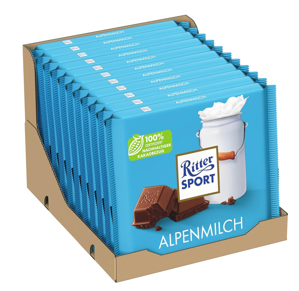 Ritter Sport 250g Alpine Milk Chokolade, Den fineste sødmælkschokolade med en cremet smag, Klassisk chokolade til at dele med venner, 11 barer x 250g