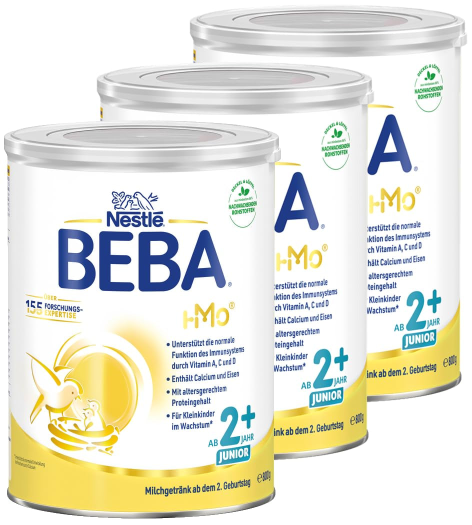 BEBA Junior 2+ mælkedrik fra 2 år, Med HMO, Alderssvarende proteinindhold, Kun laktose, Ingen palmeolie, Ingen fiskeolie, Småbørnsmad, Babymælkpulver, Pakke med 3 (3 x 800g)