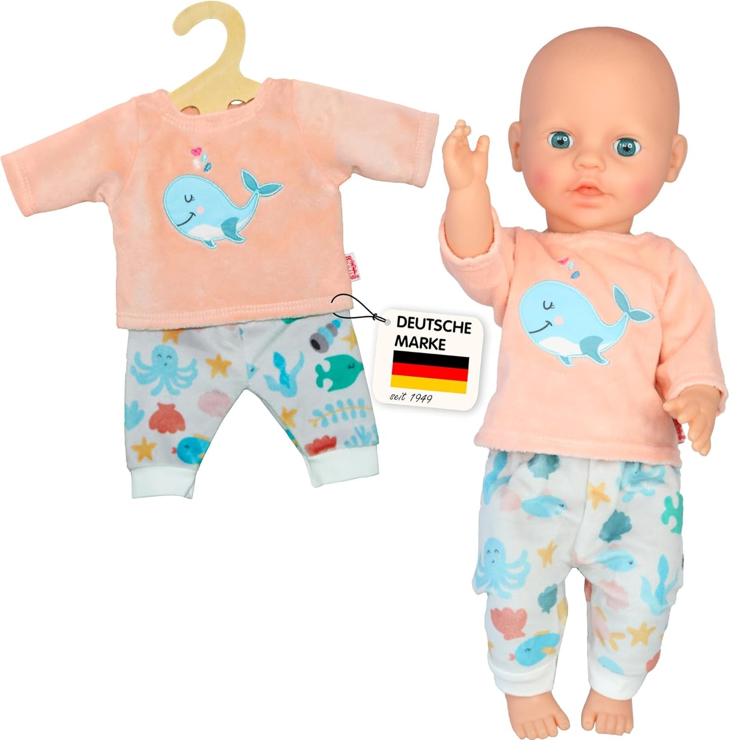 Heless 1285 - Puppenkleidung im Design Wal Bobby, 2 teiliger Pyjama mit Shirt und Stoffhose für Puppen und Kuscheltiere der Größe 28 - 35 cm