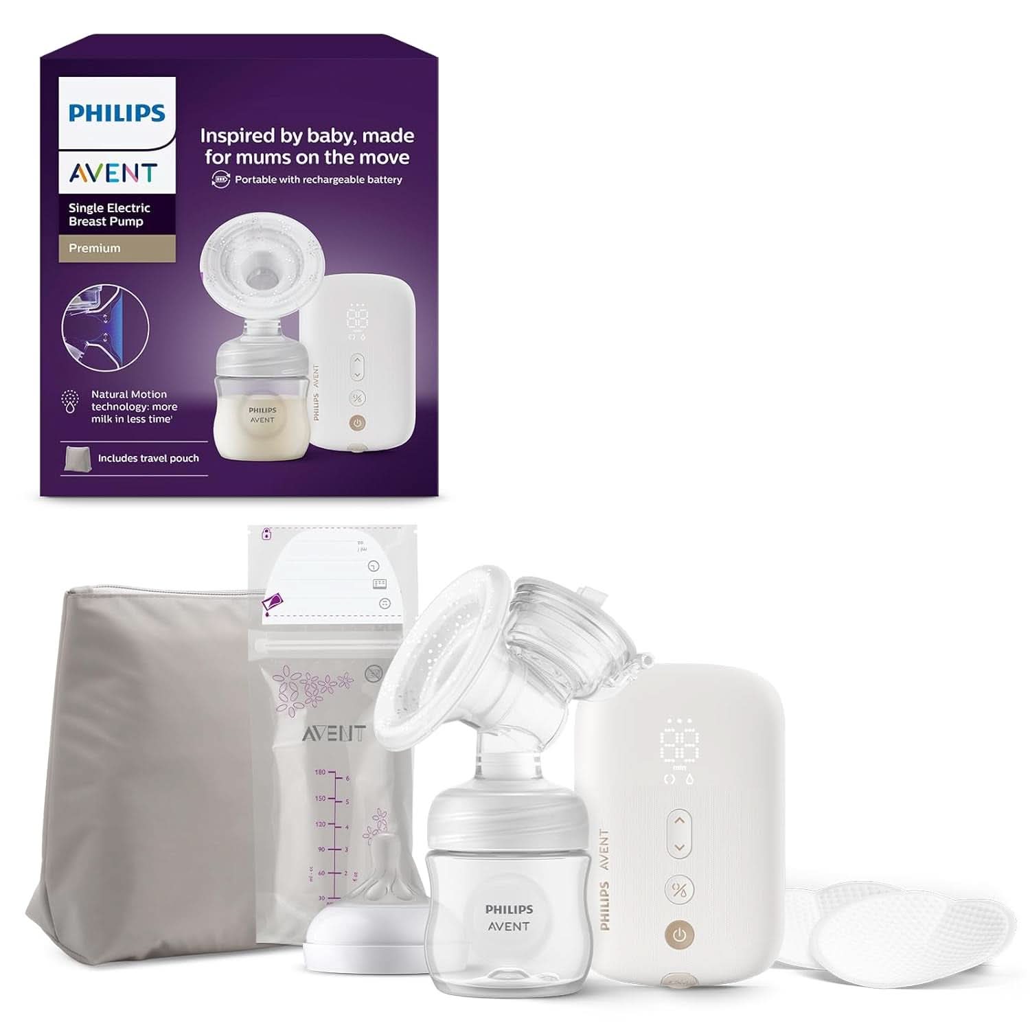 Elektroniske Philips Avent Einzelmilchpumpe Premium - Mit Natural Motion Technologie, Wiederaufladbarem Akku, Timer-Anzeige (Modell SCF396/31) Tilbehør Mad og amning Bebe Naty Shop