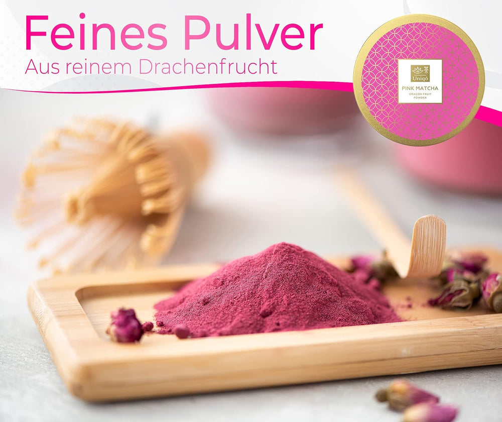 Tea Uniqo - Ceai Matcha roz pudră - Ideal pentru înghețată, latte, shake-uri, coacere sau gătit - Pudră de fructul dragonului Pitaya, 100% natural, fără aditivi, în cutie resigilabilă