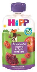 HiPP Organic Fruit Plus-poser med granatæble og acerola i en blanding af æble og hindbær - Ben Beagle (8 x 100g), fra 1 år, 100% frugtpuré, uden tilsat sukker, vegansk, bedste økologiske kvalitet