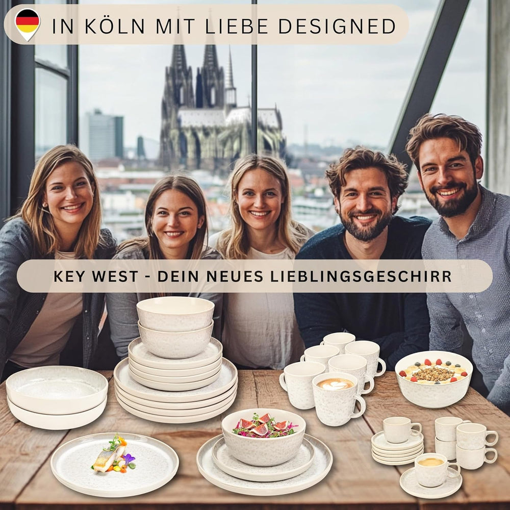 SÄNGER Key West | Set de veselă din gresie, 24 de piese, set de farfurii pentru 6 persoane, 6 farfurii de cină, boluri pentru cereale, farfurii pentru desert, boluri pentru paste, veselă de culoare crem cu textură nisipoasă | COLECȚIA VALUE