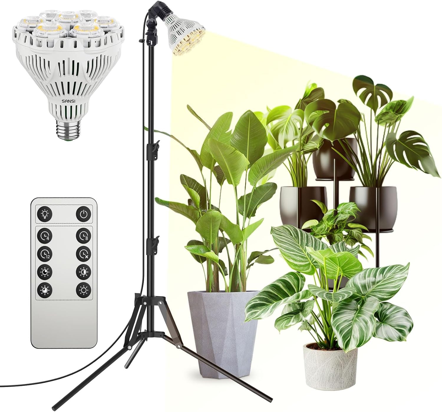 SANSI Full Spectrum LED-plantelampe 125W dæmpbart lys med fjernbetjening til plantevækst Justerbar højde 120-180 cm 4/8/12 timer Timer 4 lysstyrkeniveauer