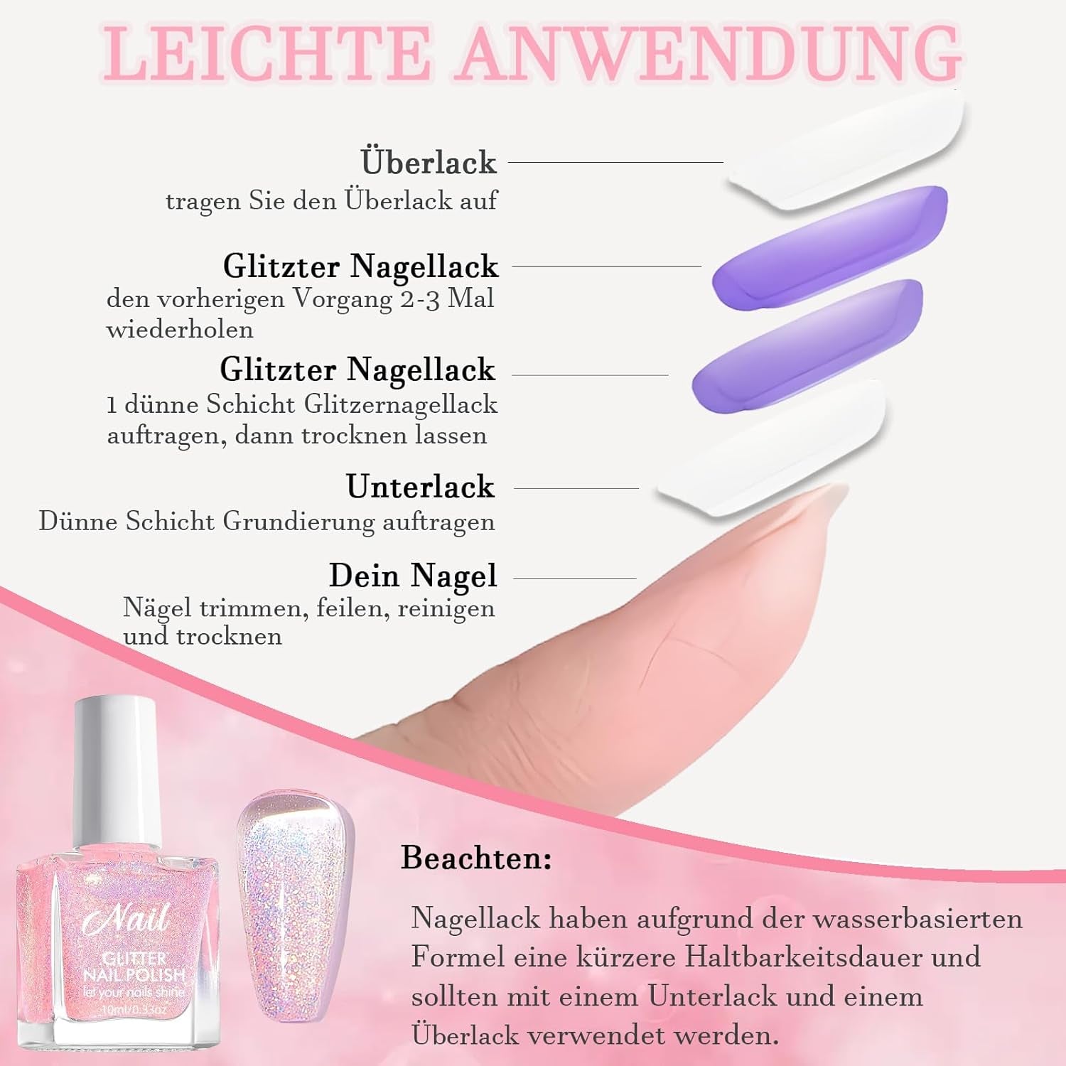 Pink glitter neglelak - Ikke-giftig, vandbaseret neglelak til kvinder - Hurtigtørrende neglelak - Reflekterende glitter neglelak til gør-det-selv-neglekunst derhjemme (Transparent Pink, 10ml)