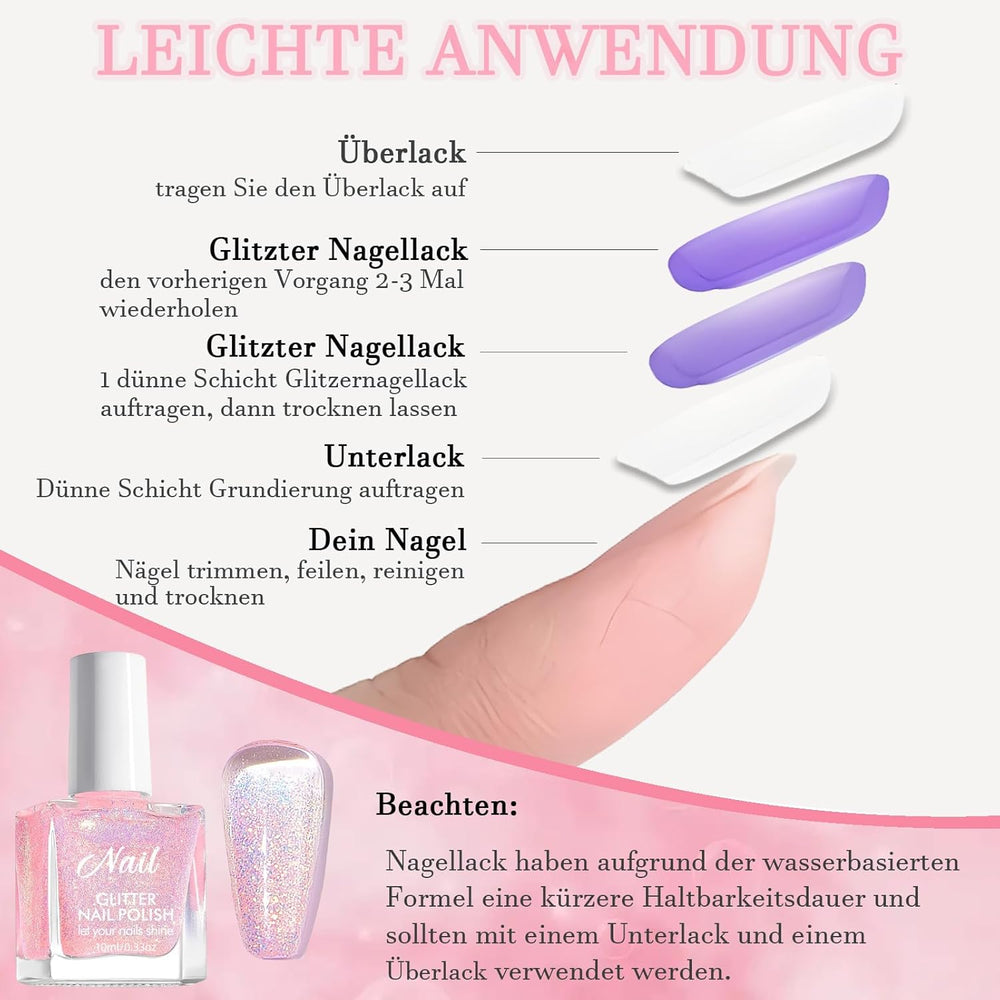 Pink glitter neglelak - Ikke-giftig, vandbaseret neglelak til kvinder - Hurtigtørrende neglelak - Reflekterende glitter neglelak til gør-det-selv-neglekunst derhjemme (Transparent Pink, 10ml)