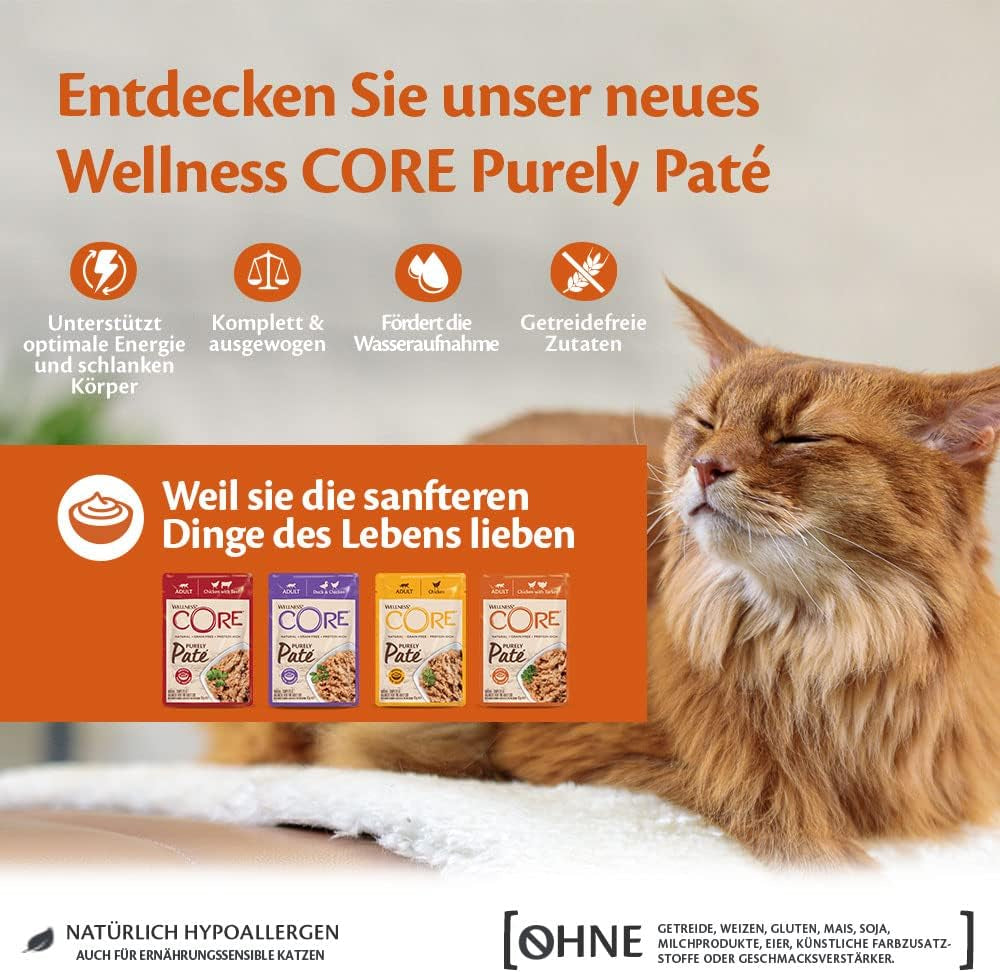 Wellness CORE Purely Paté 24 x 85g, Pui și Curcan – Hrană umedă pentru pisici, pate fin, fără cereale, natural, hipoalergenic, bogat în proteine, conținut ridicat de carne