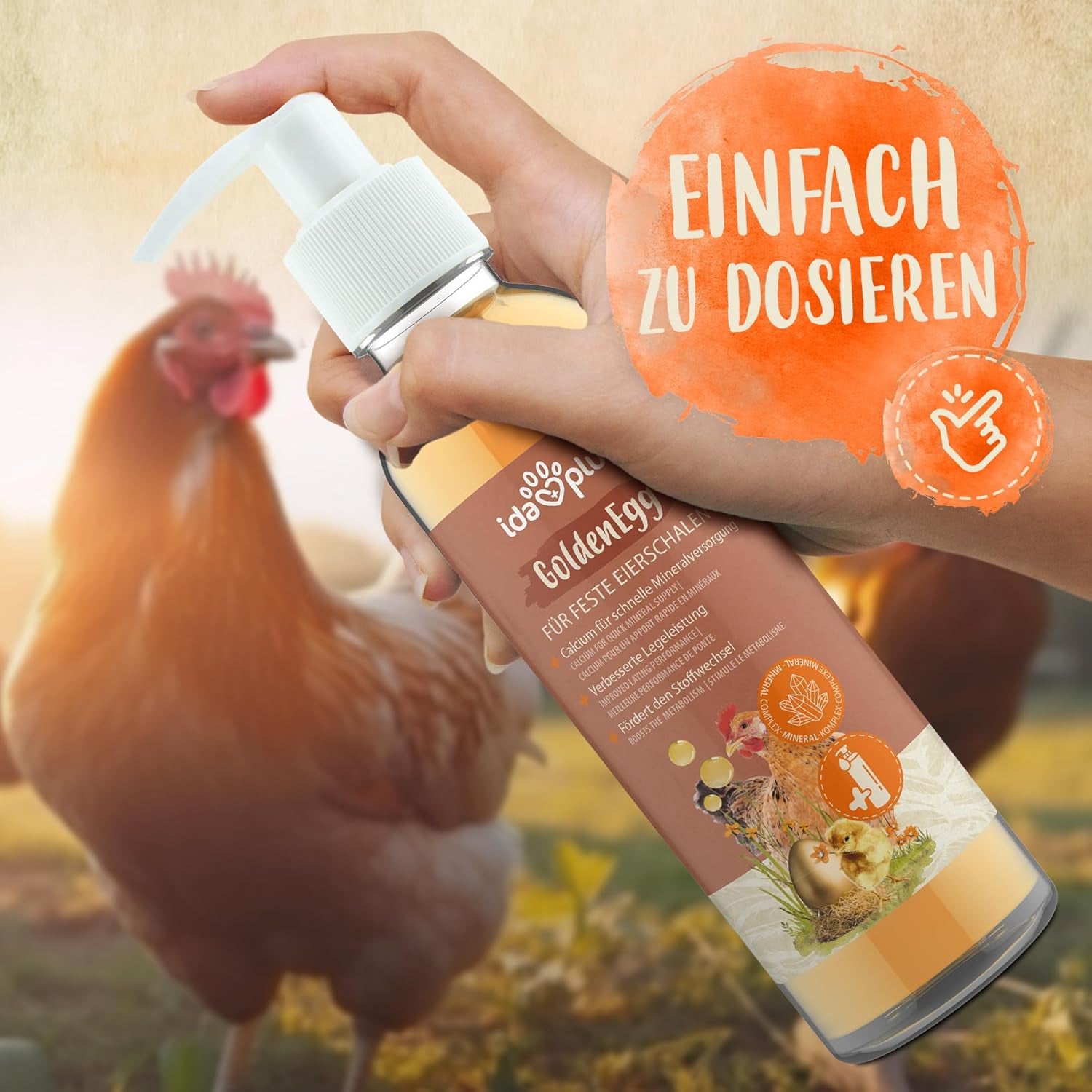 Ida Plus - GoldenEgg 200 ml - reduceret Brucheier & Federfressen - understøttet Federwachstum & Federkleid - Wichtige Mineralien & Vitamine für Hühner - Beste Eierqualität bei Ihrer Hühnerhaltung
