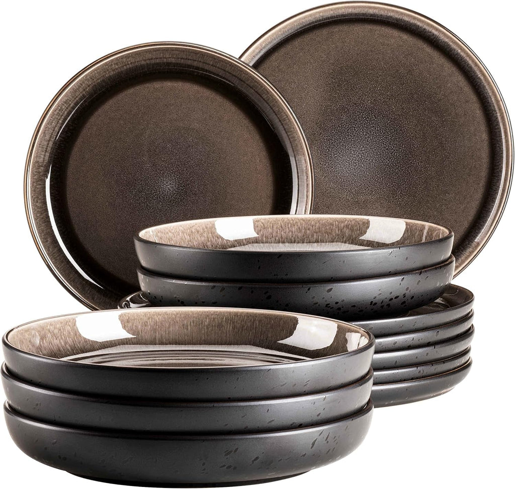 MÄSER 934020 Serie Niara, Modernes Geschirr Set Für 6 Personen in Aufregendem Vintage Look, 18-Teiliges Frühstücksgeschirr Service Aus Keramik in Grau Und Schwarz, Steinzeug Seturi vesela masa Naty Shop Grau Teller-Set 12-Tlg.