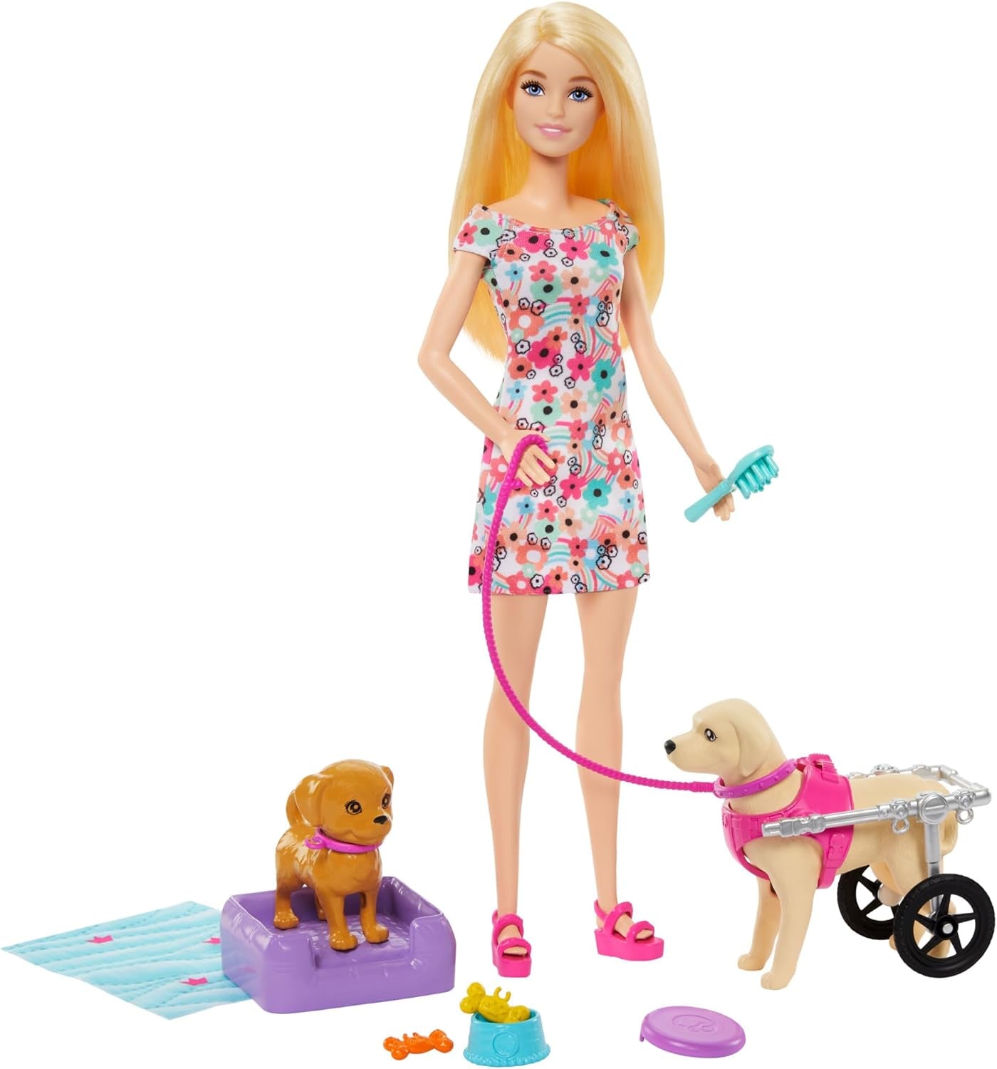 Barbie Dog Duo Duo og tilbehør, inklusive lille hund og stor hund med kørestol, snor, madskål, kæledyrsseng og godbidsknogler, fra 3 år og opefter, HTK37 Naty Shop Dolls