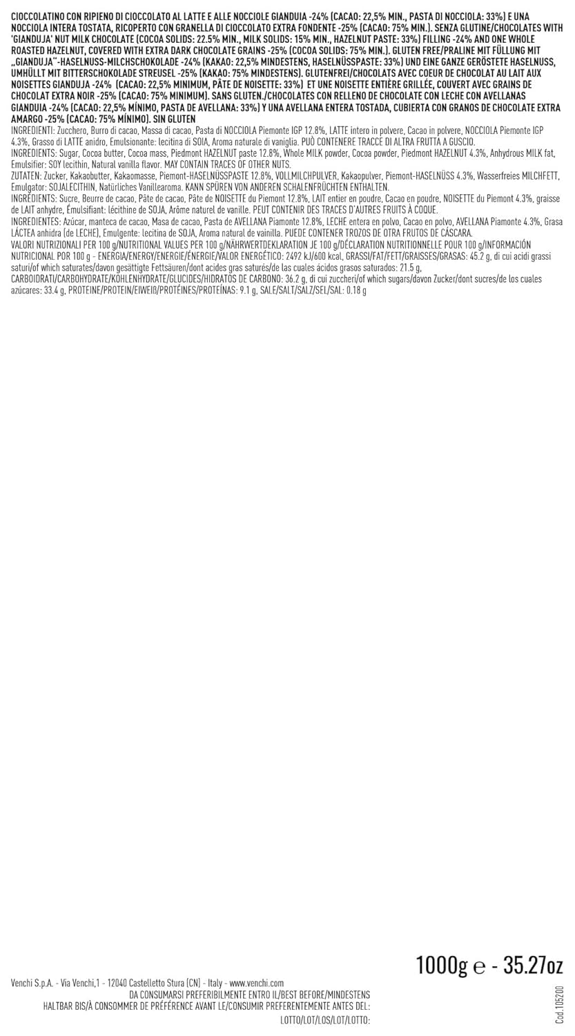 Venchi – Chocoviar Gianduia, praliner i 1 kg pose, Gianduia chokolade fremstillet udelukkende med "Piemonte skovhasselnødder", glutenfri, uden kunstige farver og uden konserveringsmidler