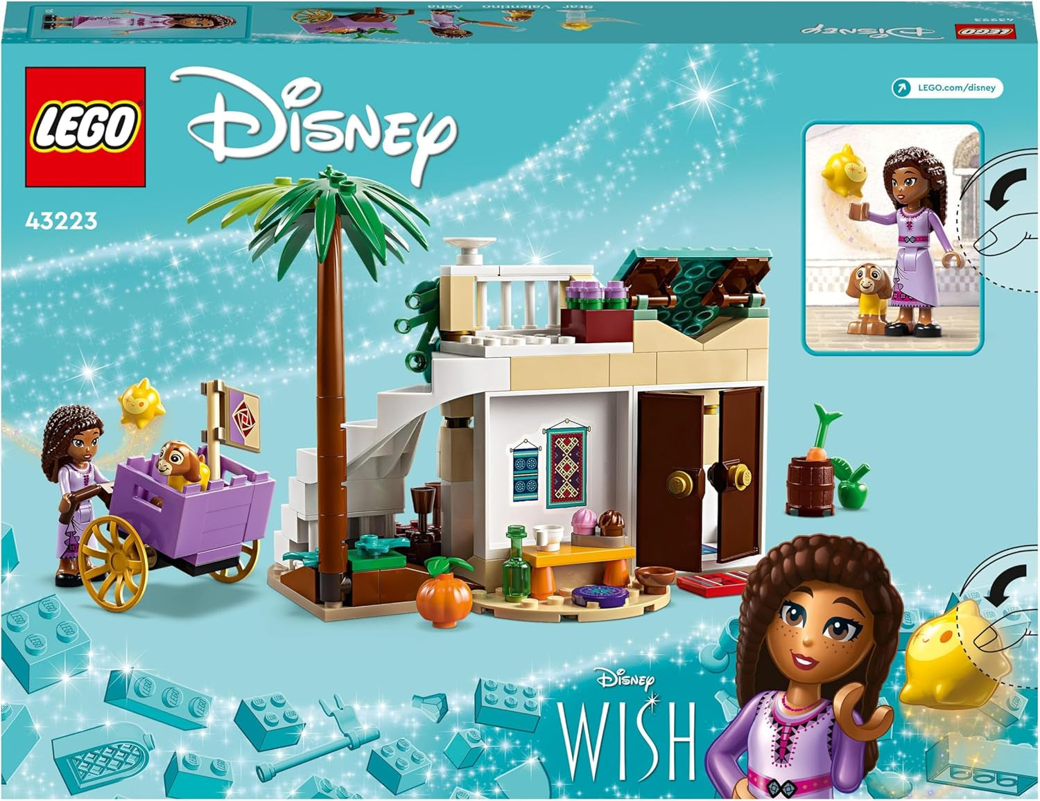 LEGO 43223 Disney-ønske Asha i Rosas City, Ønskefilmsæt med marked, Asha-minidukke, Valentino som legetøjsged og stjernefigurer, gave til børn 6 år, byggesæt til piger og drenge Besuche den LEGO-Store