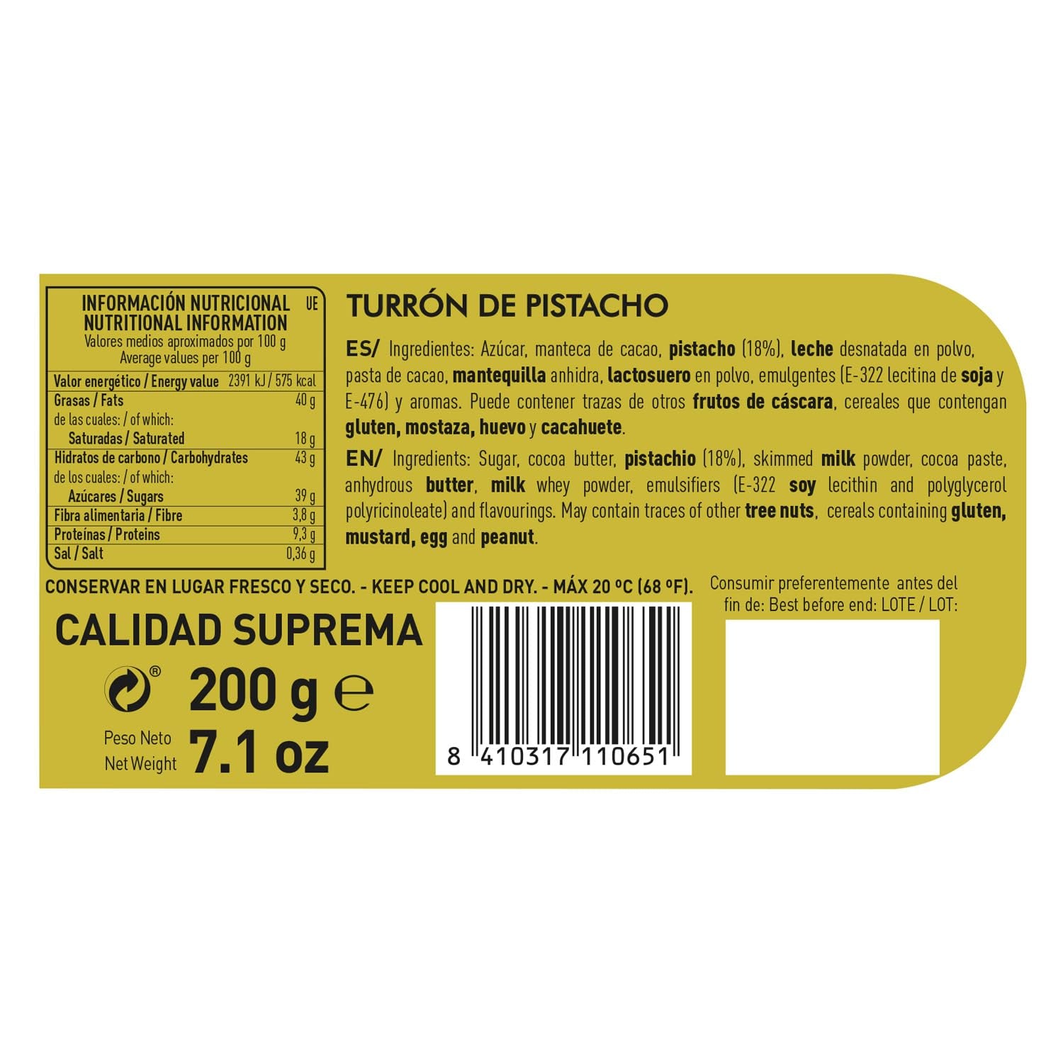 Håndværksmæssig chokolade pistacie turrón, 200g, cremet tekstur, overlegen kvalitet, fine ingredienser, autentisk smag, den dyreste turrón i verden