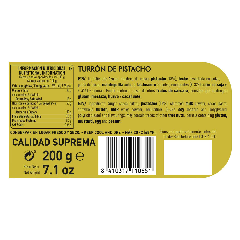 Håndværksmæssig chokolade pistacie turrón, 200g, cremet tekstur, overlegen kvalitet, fine ingredienser, autentisk smag, den dyreste turrón i verden