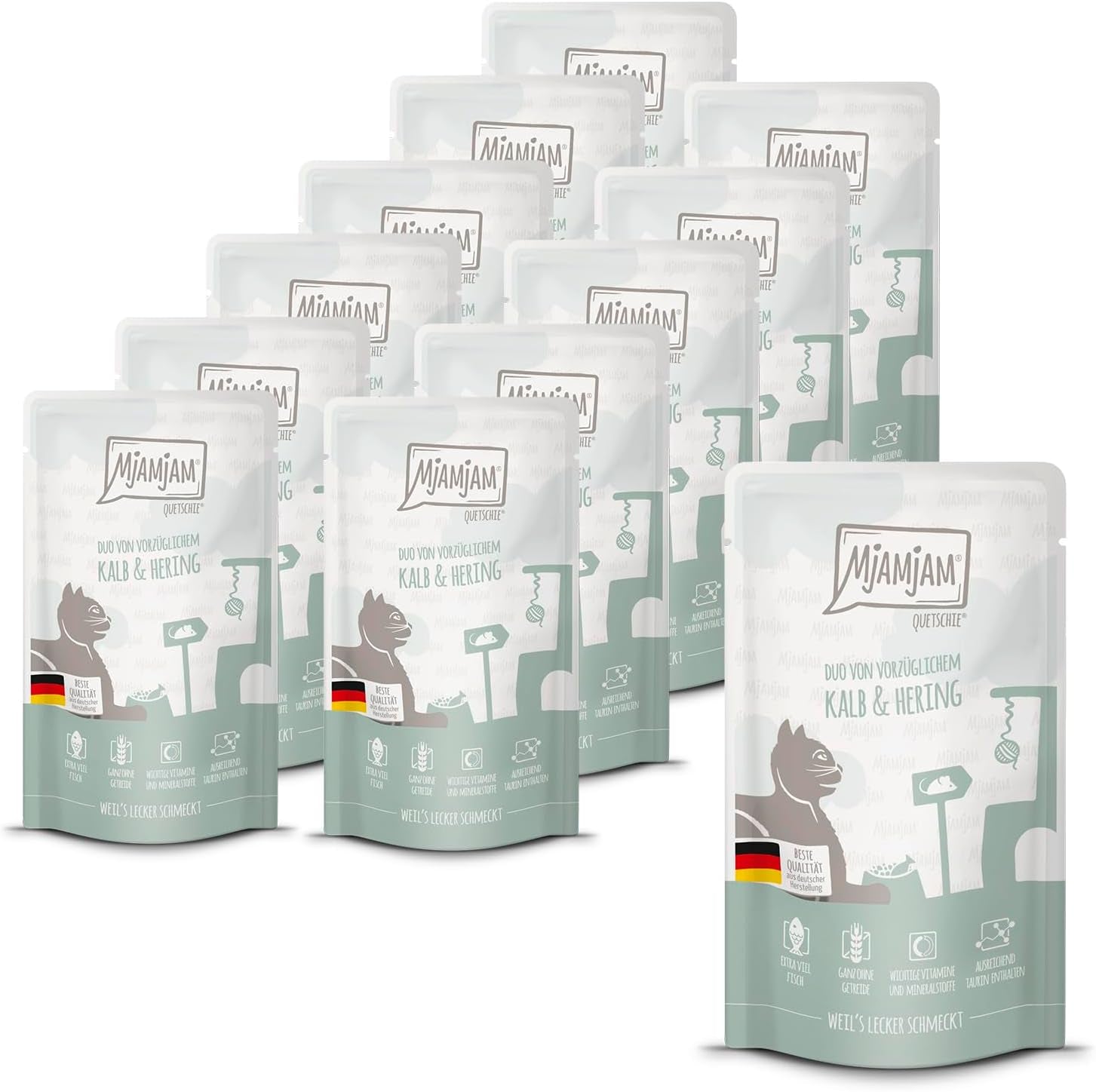 MjAMjAM - Hrană umedă premium pentru pisici - Pungă compresibilă - DUO cu carne de vițel și hering rafinate, pachet de 12 (12 x 125g), fără cereale