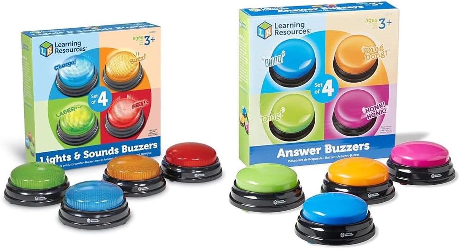 Learning Resources Light & Sound Buzzer jocuri educaționale de la 3 ani Jucărie de întrebări pentru copii cu 4 sunete diferite pentru serile de jocuri și sălile de clasă Jucarii Bebe Naty Shop Pachet cu buzzer de răspuns Set de 4