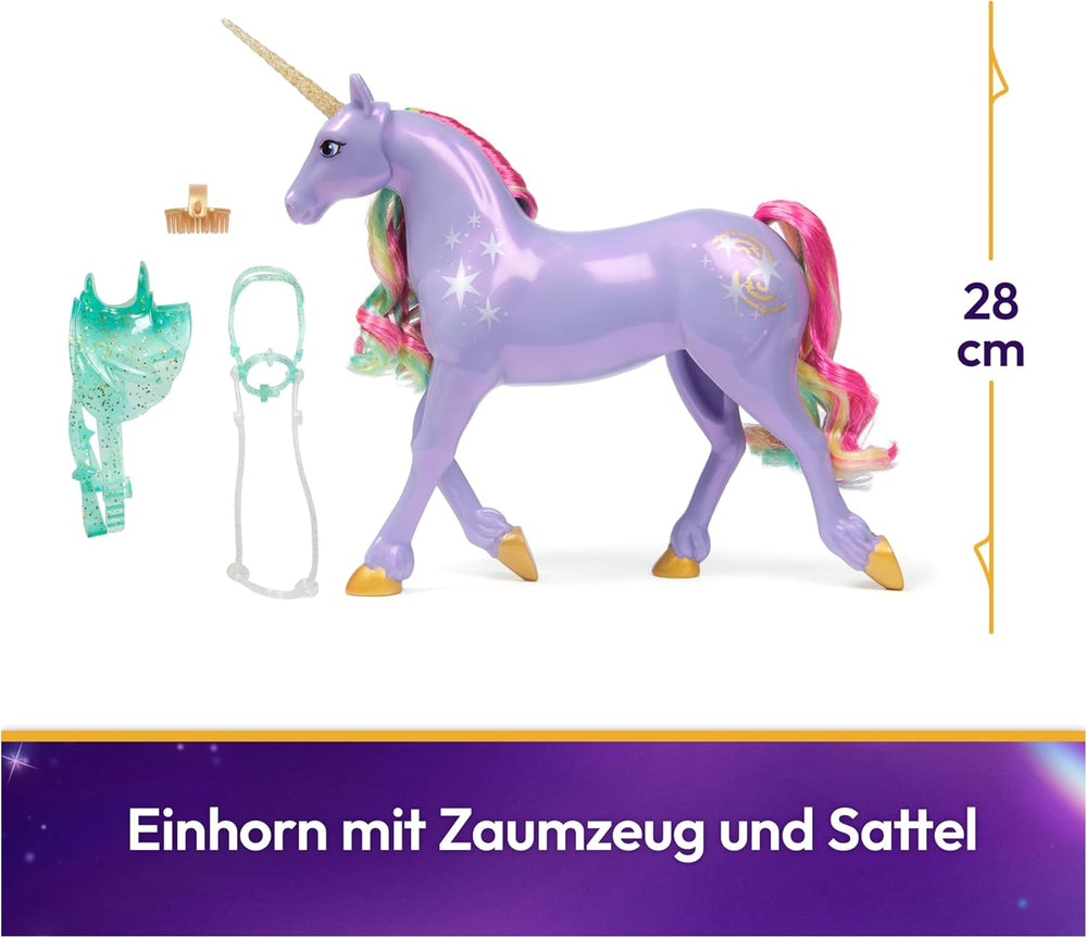 Unicornul Wildstar de la Unicorn Academy - 28 cm înălțime, unicorn original de Sophia din serialul Netflix, cu coamă și coadă reale, frâu și șa detașabile și perie, pentru copii cu vârsta de 4 ani și peste