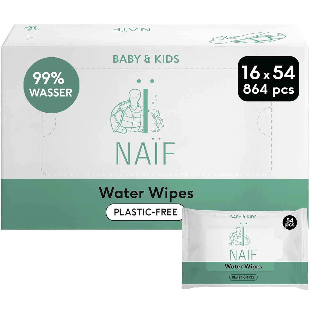 Naïf - Plastfri vådservietter - 864 stykker (16 pakker á 54 servietter) - Pleje af babys bund, krop og ansigt - 99% vand - 0% parfume og alkohol