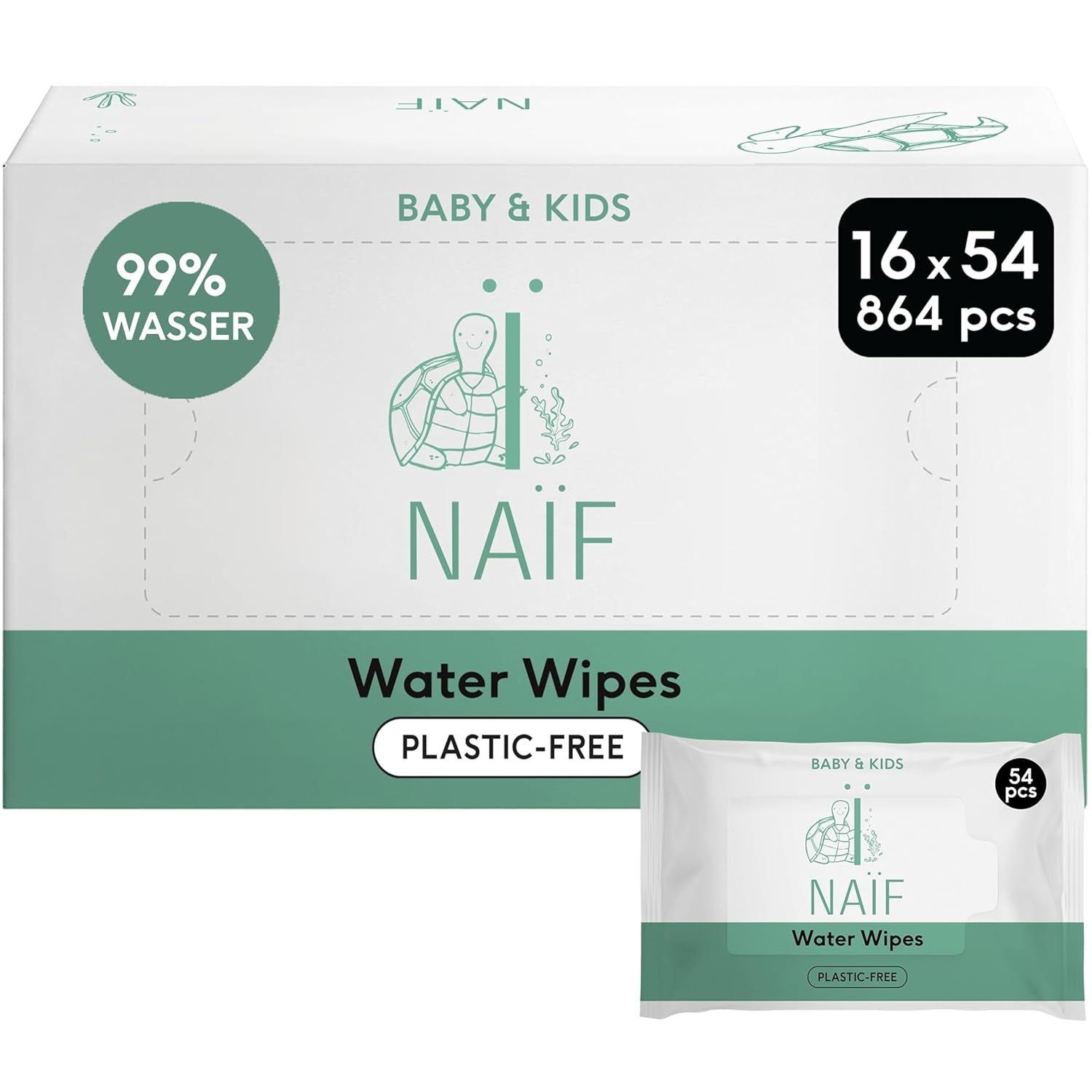 Naïf - Plastfri vådservietter - 864 stykker (16 pakker á 54 servietter) - Pleje af babys bund, krop og ansigt - 99% vand - 0% parfume og alkohol