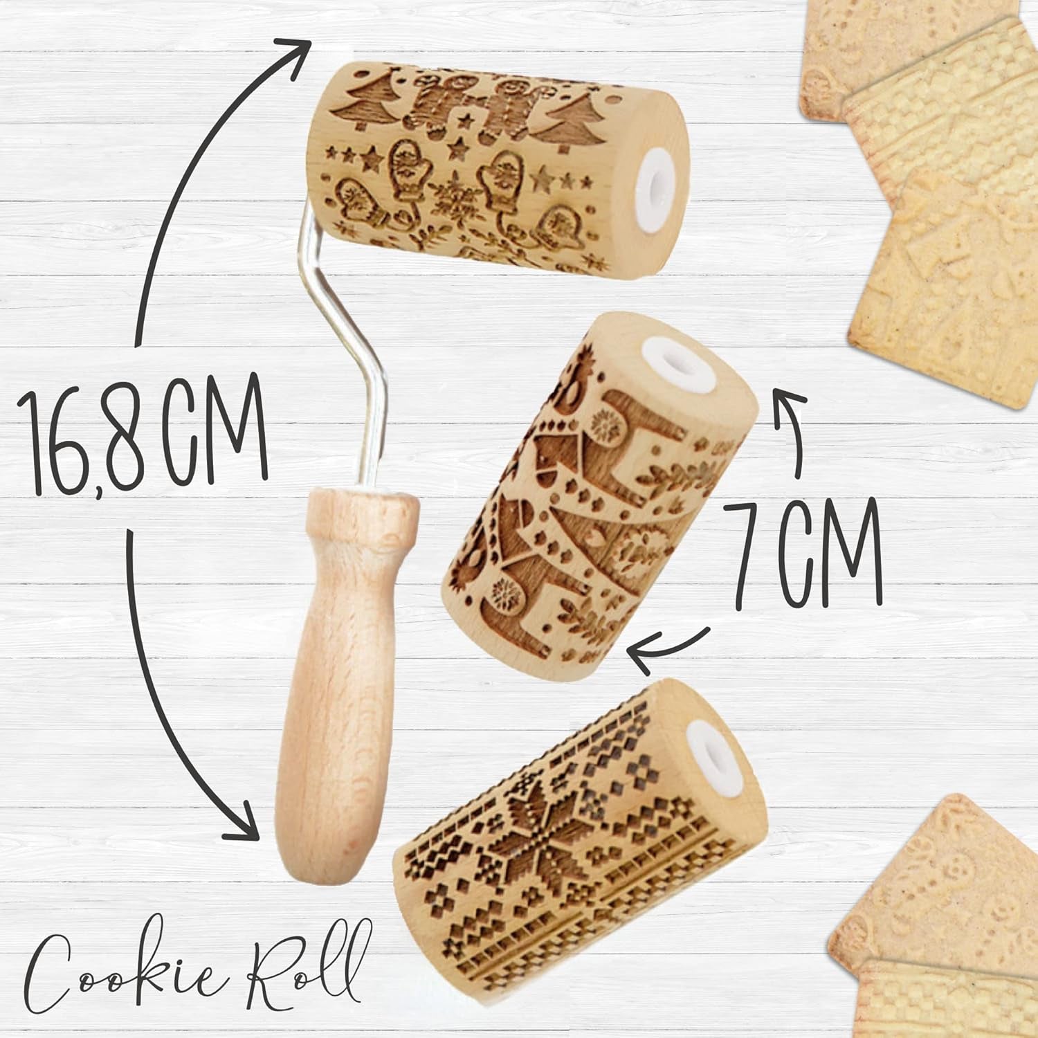 ScrapCooking 3798 Christmas Cookie Roll Set – 3 Mini-Gebäckrollen aus Holz mit Motiven – Dekos mit Prägung – Form for Kekse, Sandgestrahlt, Kekse