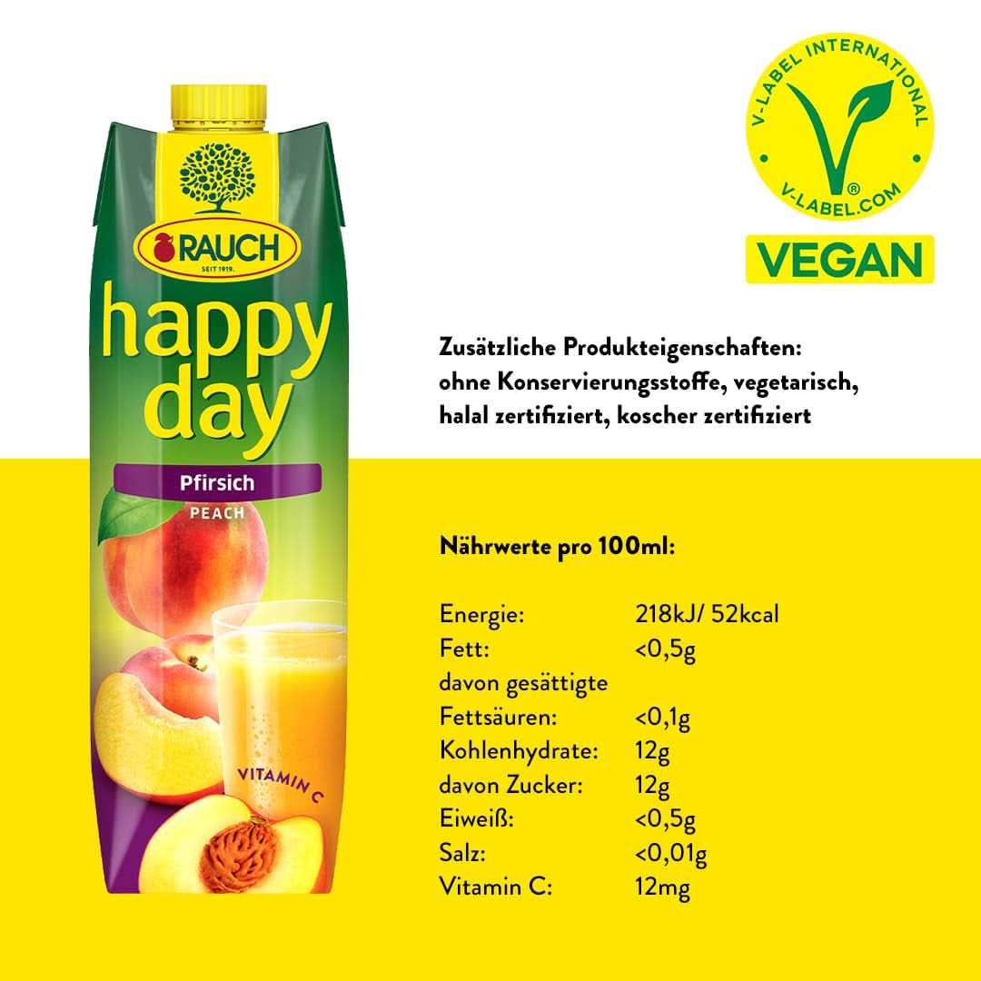 Rauch Happy Day Peach | Fra frugter modnet i solen | 6 x 1 liter, Tetra Prisma Alkoholfri drikkevarer Naty Shop