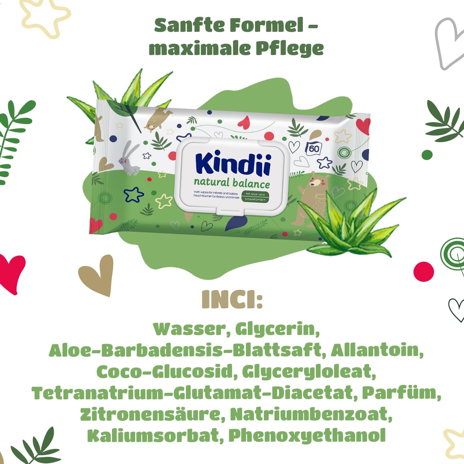 Kindii Natural Balance vådservietter til babyer – (1 x 60 stk.) Vådservietter til babyer og børn – Beskyttende, Aloe Vera, Delikat duft – 60 stk.