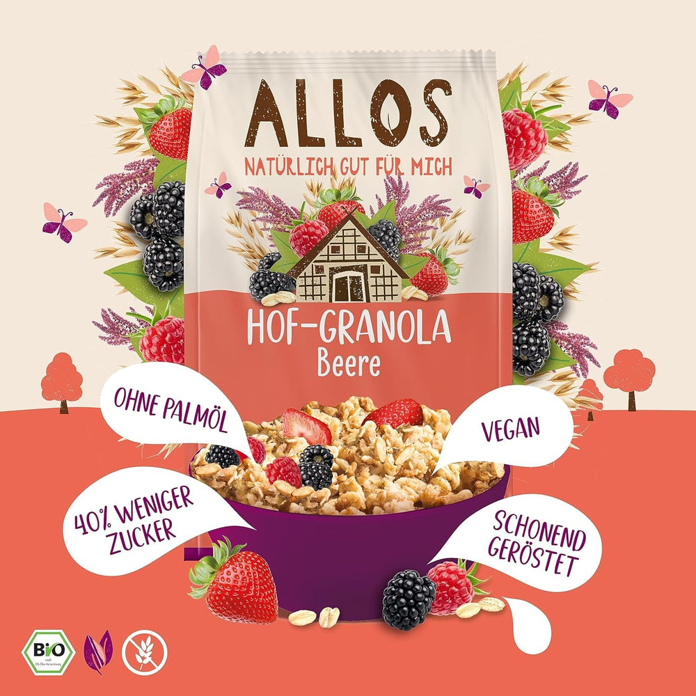 Allos Hof Granola med bær | Økologisk müsli | Müsli med bær | Sprød müsli | Korn til morgenmad | Pakke med 6 (6 x 300 g), 1 stk (pakke med 6)