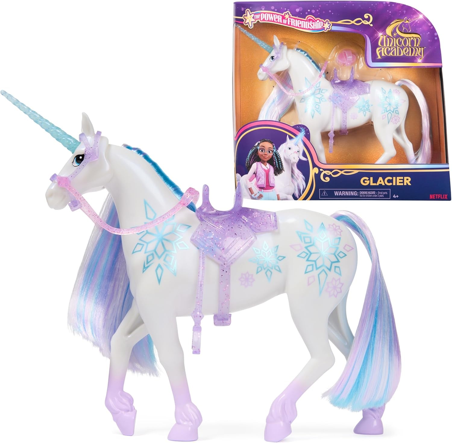 Unicorn Academy Einhorn Glacier - 28 cm groß, Original-Einhorn von Layla zur Netflix-Serie, mit echter Mähne und Schweif, abnehmbarem Zaumzeug und Sattel sowie Bürste, für Kinder ab 4 Jahren