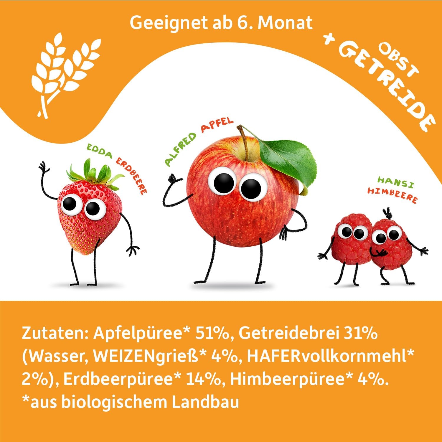 FRECHE FREUNDE Bio Quetschie Apple, Erdbeere, Himbeere mit Grieß, Fruchtmus mit Getreide i Quetschbeutel für Babies fra 6. Måned, vegansk, 6er Pack (6 x 100g)