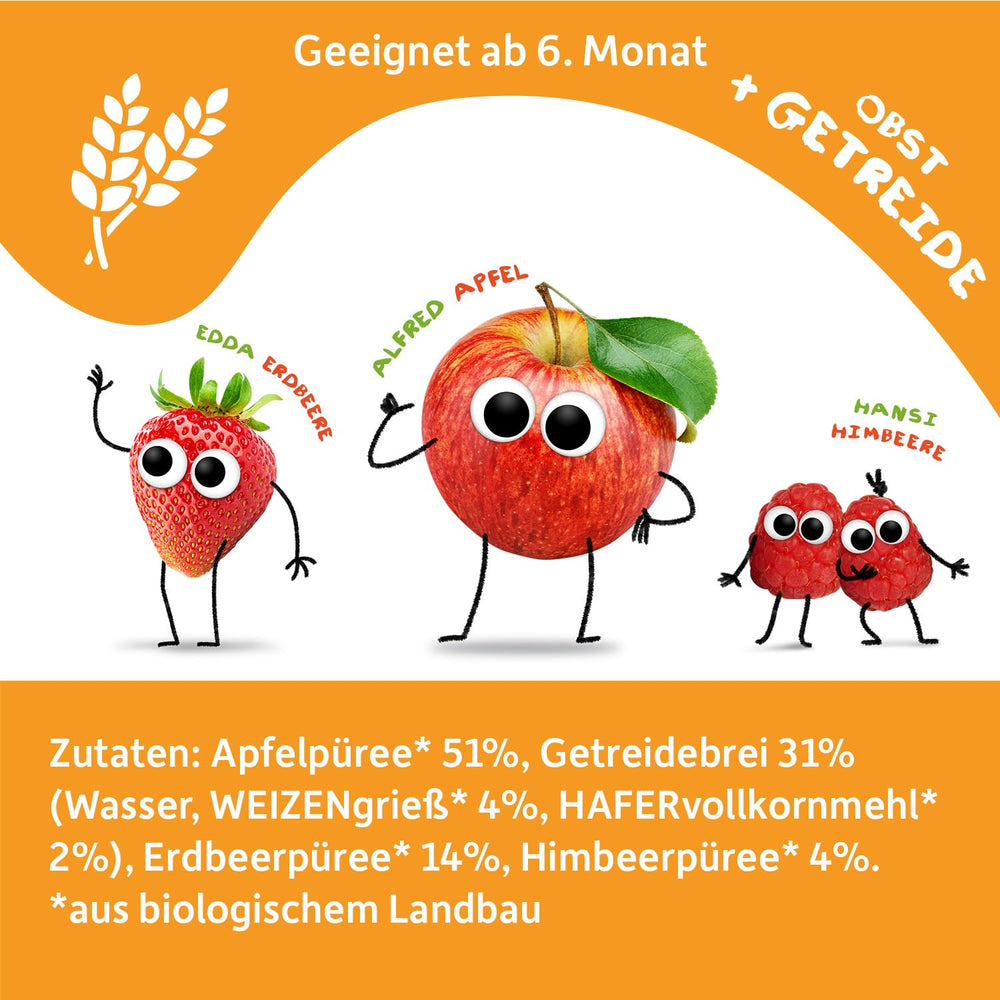 FRECHE FREUNDE Bio Quetschie Apple, Erdbeere, Himbeere mit Grieß, Fruchtmus mit Getreide i Quetschbeutel für Babies fra 6. Måned, vegansk, 6er Pack (6 x 100g)