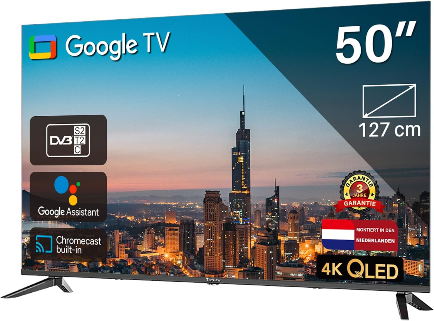 TEEVIEW Google Smart TV | QLED 4K UHD | 50”/127cm | Design fără ramă | Tuner triplu DVB-T/T2/S/S2/C | HDMI x3, USB x2, CI+ | Control vocal și aplicații de streaming | Asamblat în Eindhoven | TV50QQG-EU