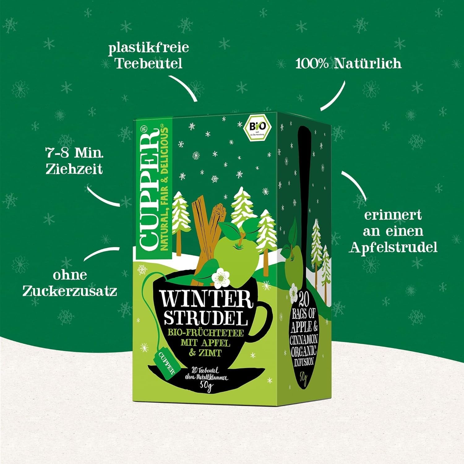 Cupper Ceai de fructe organic „Winter Strudel”, 20 pliculețe de ceai nealbite, ecologic, comerț echitabil