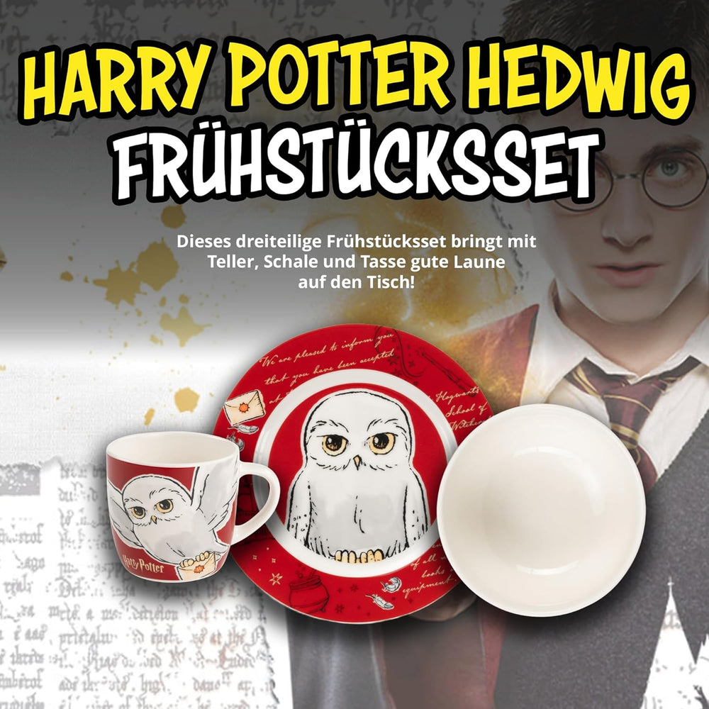 Set de veselă Harry Potter, 3 piese, roșu, set de mic dejun din porțelan cu farfurie Ø 19 cm, cană 220 ml și bol 330 ml, set de veselă