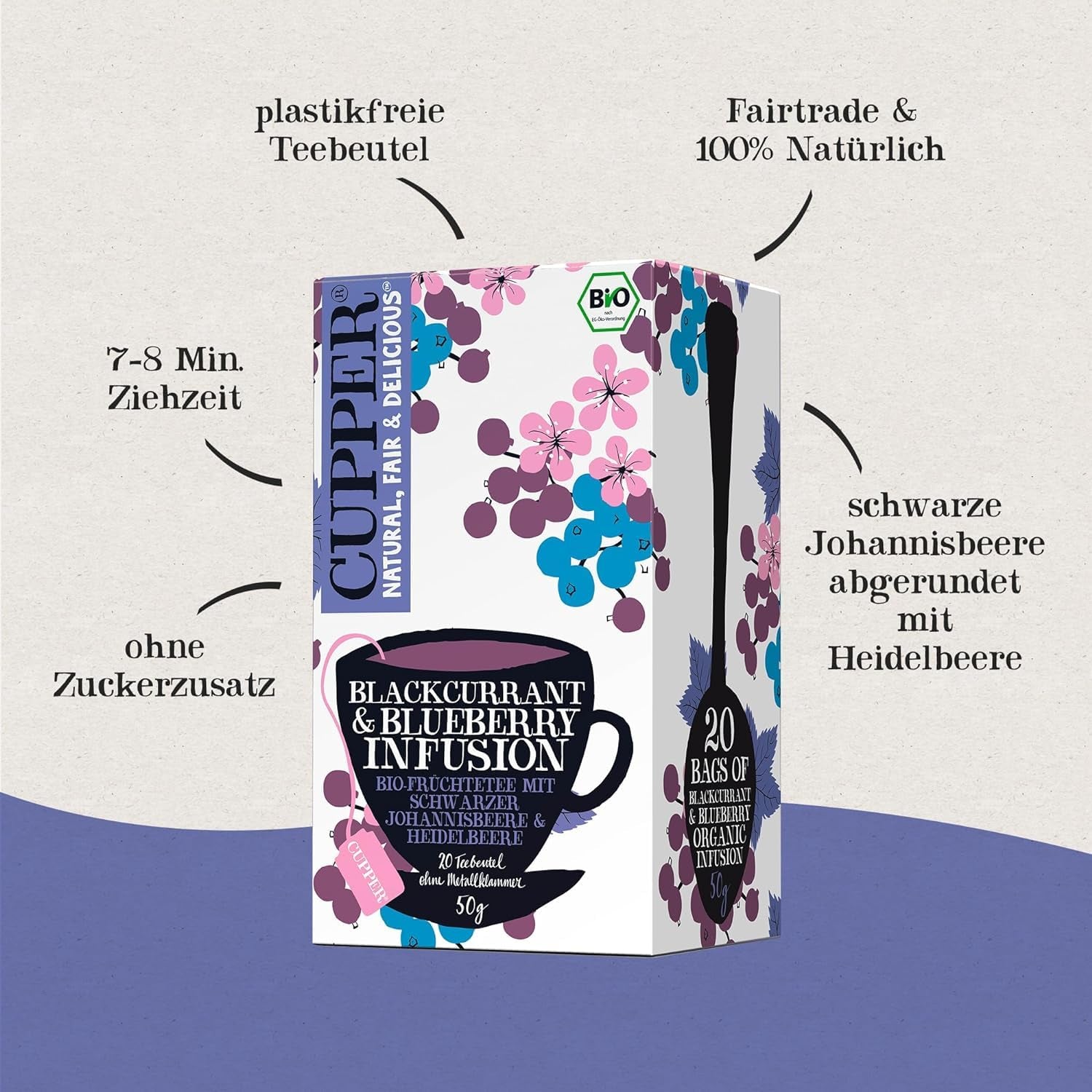 Set de ceaiuri bio Cupper „Fruity”, set cadou de ceaiuri, ceaiuri din fructe, trei sortimente diferite, 60 pliculețe de ceai nealbite, fără plastic, pachet de 3