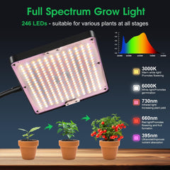 Fuldspektret LED-plantelys med justerbart stativ, 246 LED'er med timer og 9 lysstyrkeniveauer, plantelys til blomstrende grøntsager, hydroponics og frø, til begyndere og indendørs gartnere