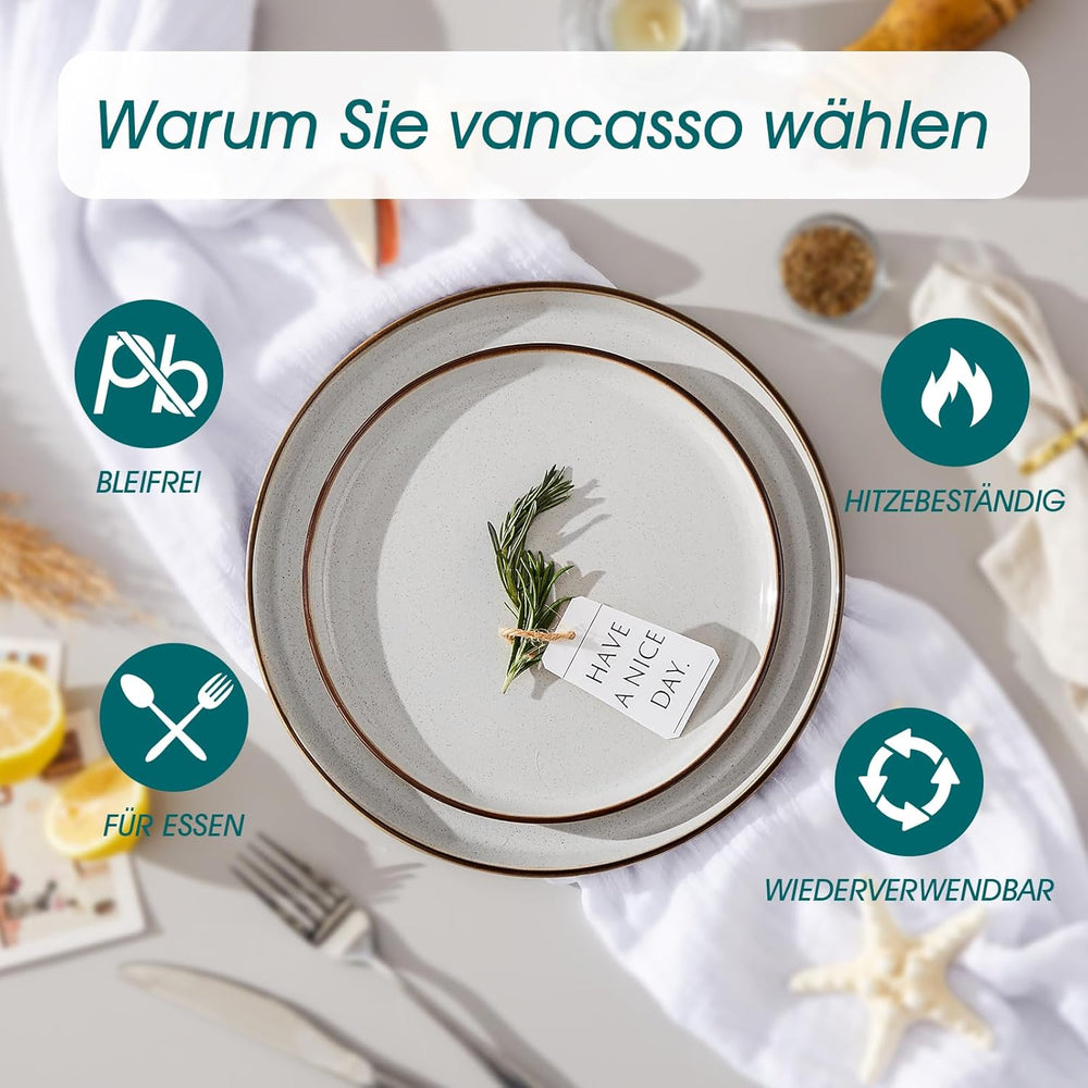 Set de veselă din gresie pentru 6 persoane, Vancasso LOIRE, serviciu de cină cu 18 piese pentru 6 persoane, gri modern, include bol, farfurie de desert și farfurie de cină, potrivit pentru cuptorul cu microunde și mașina de spălat vase