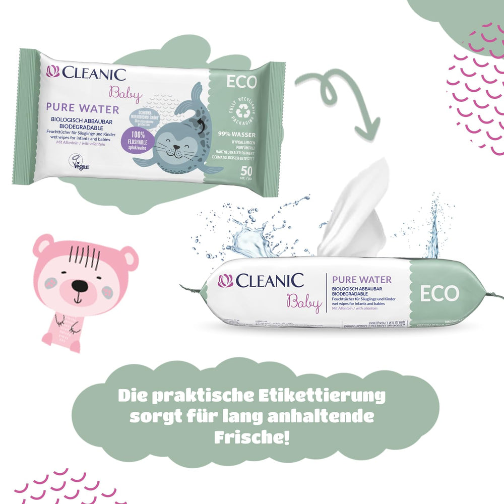 Cleanic Baby Eco Pure Water Wet Wipes – (1 x 50 stk.) Vådservietter til børn og spædbørn – parfumefri, skyllebar, følsom hud – 50 stk.
