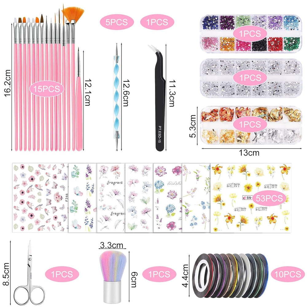 53 Blätter Nagelsticker, Nail Art Pinsel Und Dekorationen Set, 15 PCS Pinsel, 5 PCS Dotted Pens, Strasssteine, Blattgold Für Nagelkunst, Nagel Pailletten, Nagelkunstwerkzeuge Und Dekorationssets