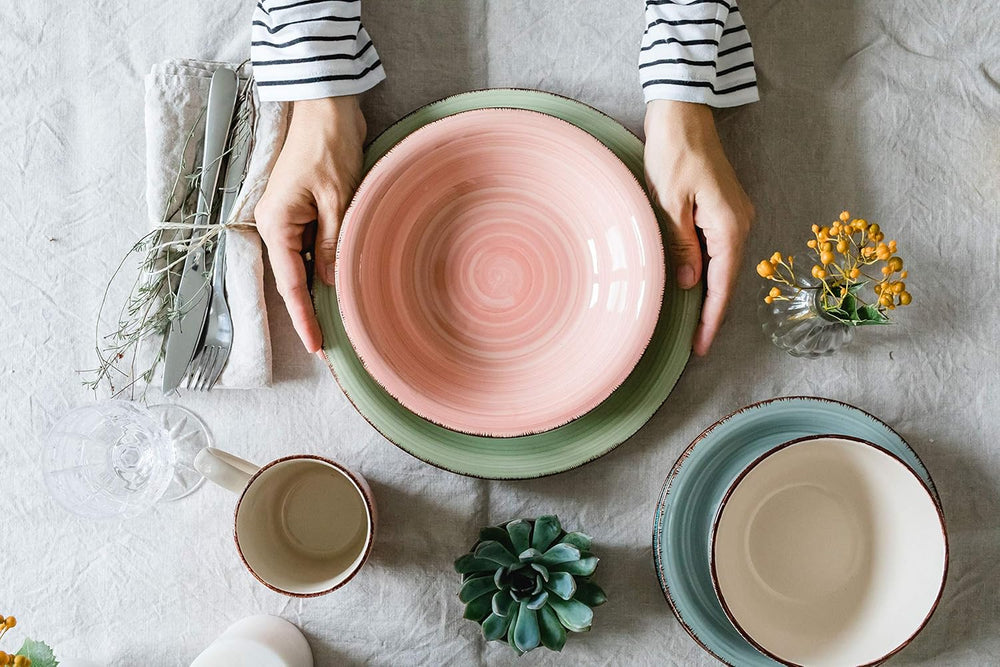 Set de veselă MÄSER pentru 6 persoane, aspect vintage modern, serviciu de masă cu 12 piese, pictat manual, verde, gresie, verde măsliniu (Bel Tempo II)