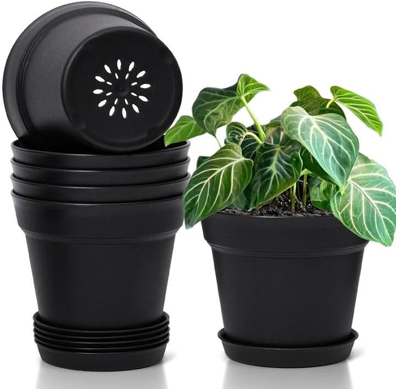 T4U Ghiveci de flori din plastic de 16 cm cu farfurie, set de 6 ghivece din plastic pentru plante aromatice cu găuri multiple de drenaj, ghiveci rotund pentru plante suculente de interior și balcon, cactuși, alb