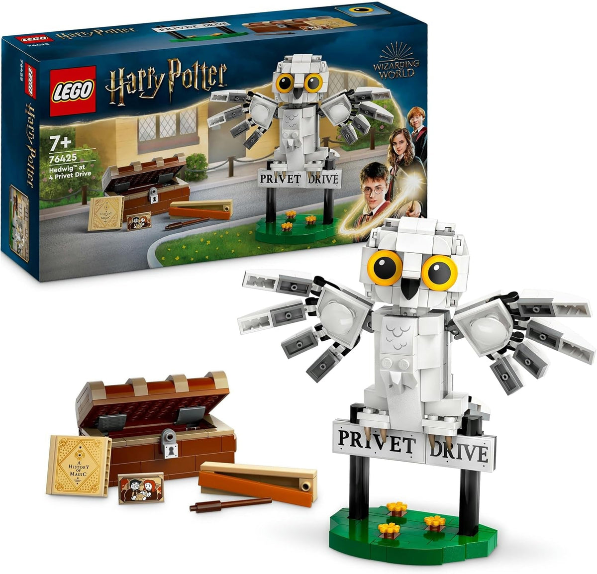 LEGO Harry Potter Hedwig i Liguster Drive 4 Legetøjsuglesæt til børn, bygbar dyrefigur med Hogwarts kuffert, lille gave til drenge, piger og alle fans 7 år gamle 76425 Byggesæt Besuche den LEGO-Store Single