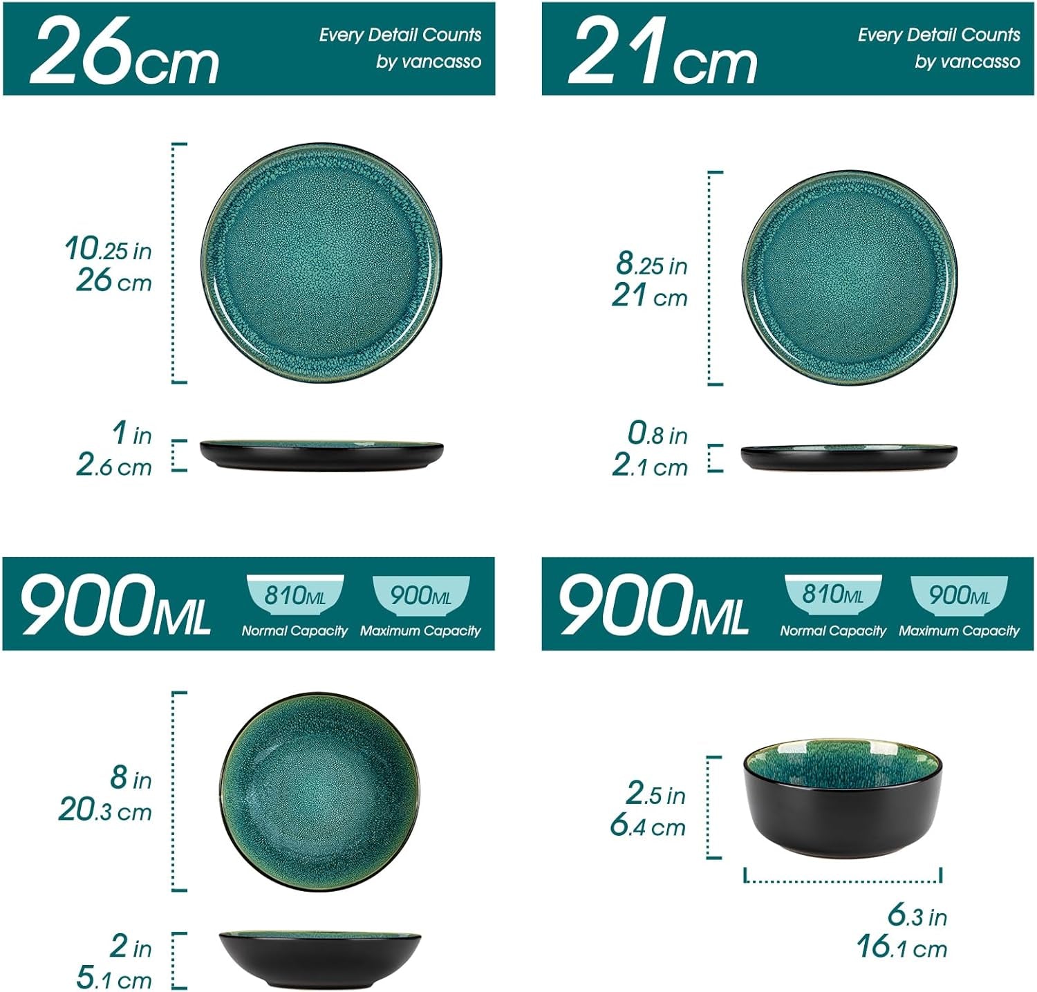 Set de veselă pentru 6 persoane, set de veselă din gresie Vancasso PLAYA, 24 de piese pentru 6 persoane, verde, inclusiv farfurii, farfurii de sumă, boluri și farfurii de salată, potrivit pentru mașina de spălat vase și cuptorul cu microunde