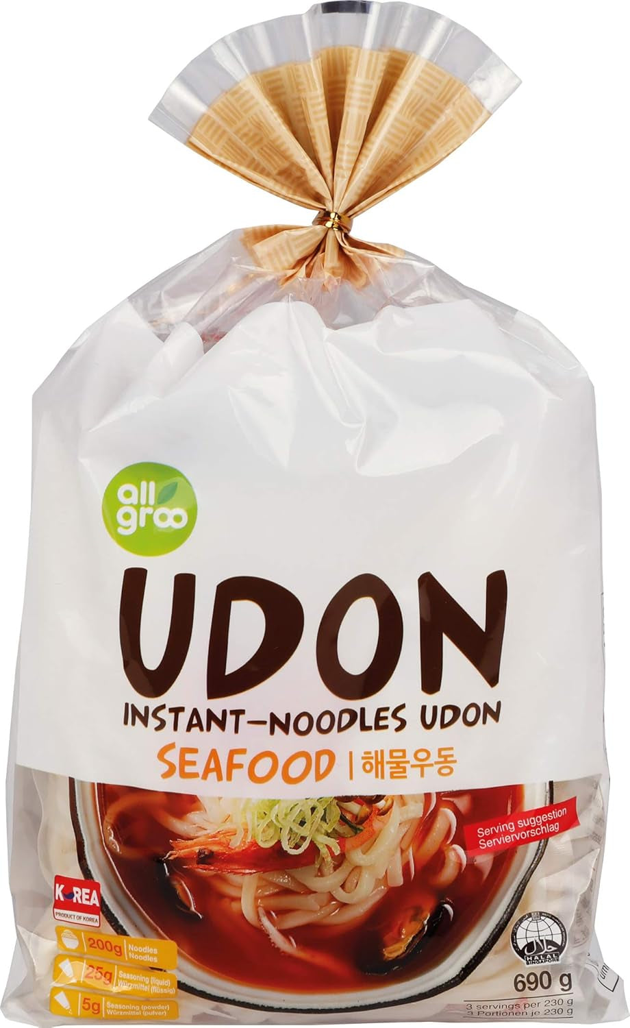 Allgroo Udon Instant Nudles - Krydret Udon Suppe, hurtig tilberedning - Indeholder 3 portioner - 1 x 690g