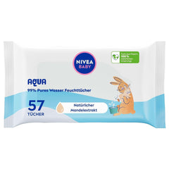 NIVEA Baby AQUA Feuchttücher, Baby Feuchttücher Zur Sanften Reinigung Empfindlicher Haut, Hypoallergene Und Parfümfreie Feuchttücher For Babies Mit 99% Wasser (1 X 57 Stück) Baby Wet Wipes Naty Shop 57 Stück (1Er Pack)