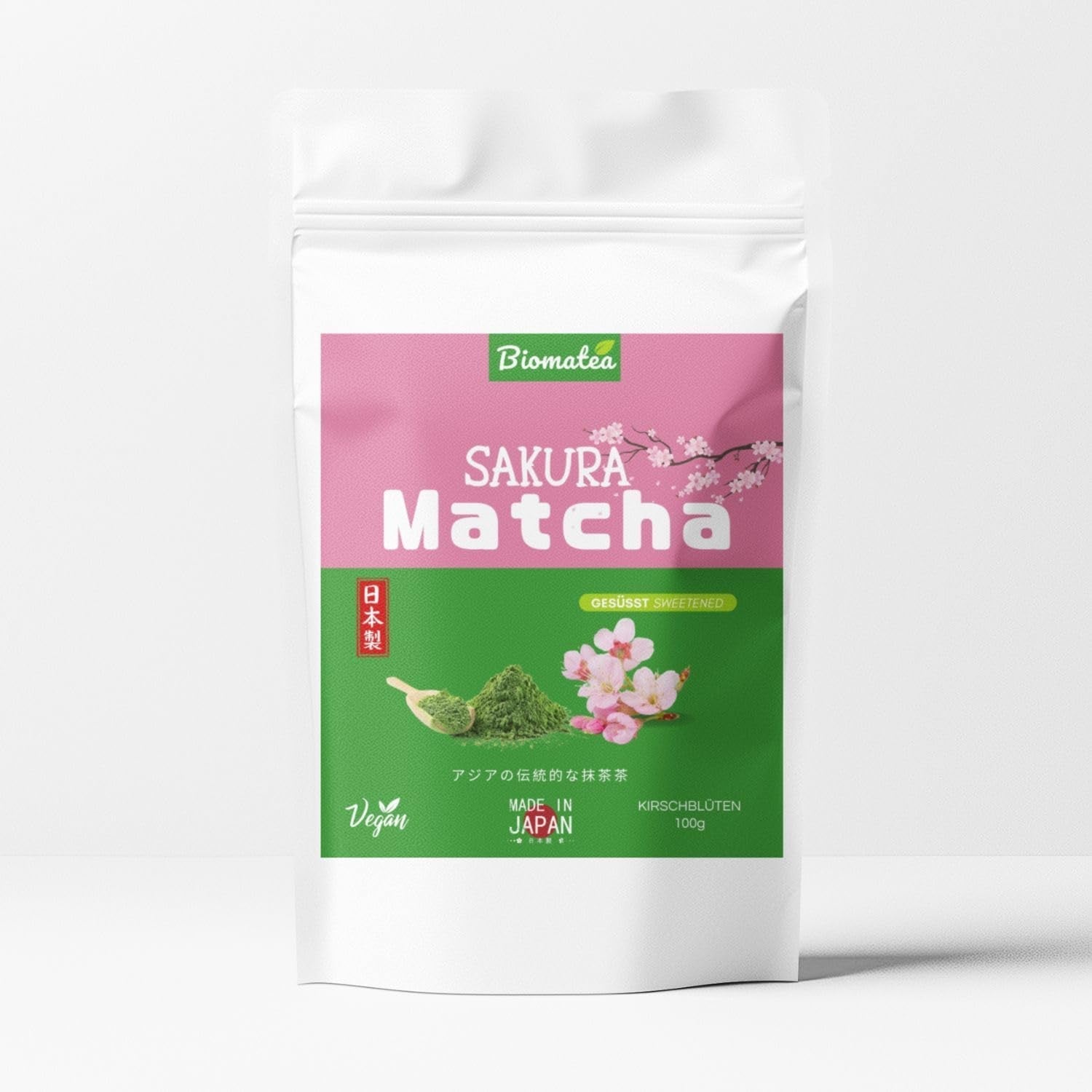 Pudră Matcha aromatizată – piersică japoneză, sakura sau mango – îndulcită – 100 g – solubilă instantaneu în apă sau lapte (Sakura)
