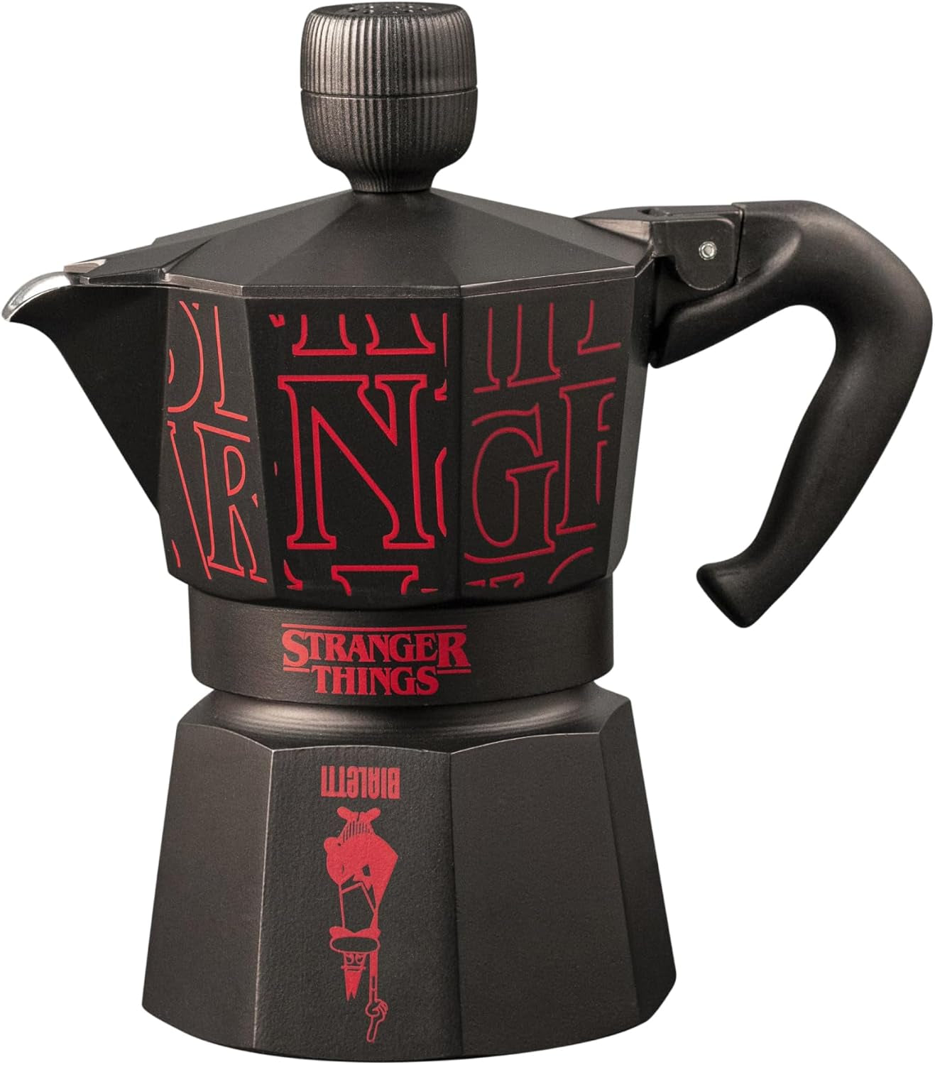 Bialetti Moka Express Stranger Things Cafetiera cu 3 căni, Buton muzical cu funcție de încărcare USB-C, Nu este potrivită pentru plite cu inducție, 3 căni (130 ml), Negru