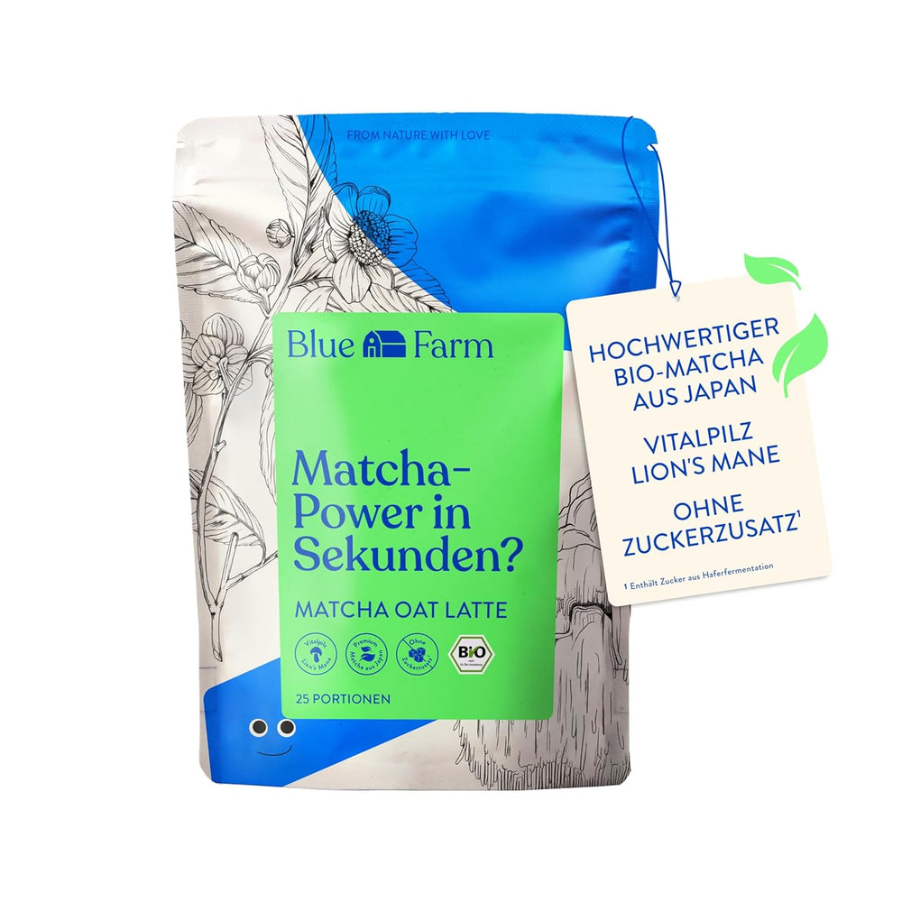 Blue Farm Bio Matcha Oat Latte auf Haferbasis ohne Zuckerzusatz - Mit dem Vitalpilz Lion's Mane - Vegansk - laktosefri og glutenfri (300 g, Matcha)