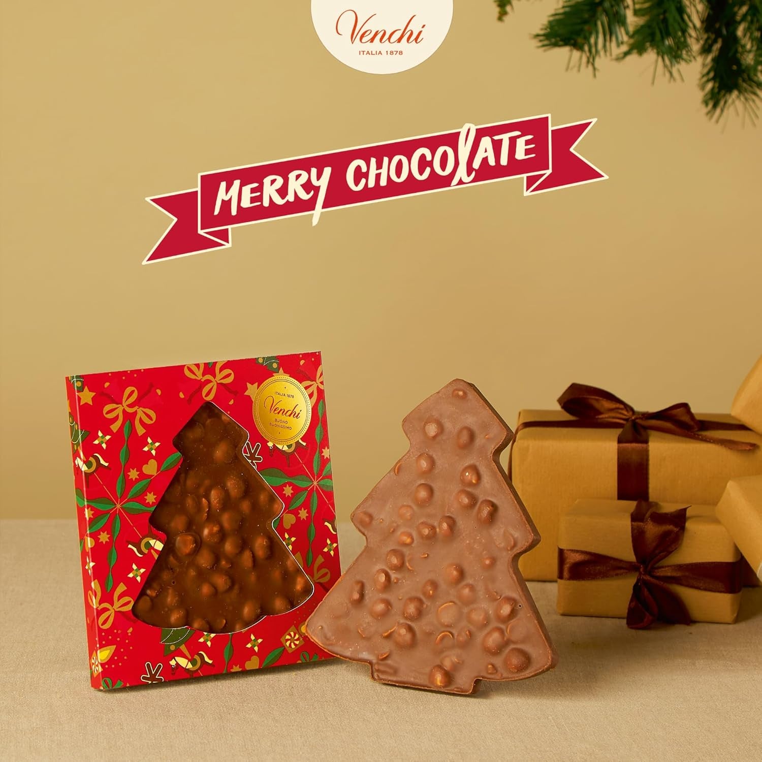Venchi, Brutto&Buono, håndlavet "Piedmont Forest Hazelnut" grantræformet mælkechokoladebar, 200 g, glutenfri, julekollektion i begrænset udgave, gaveidé